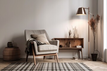 Interior of a living room with a comfortable gray leather armchair covered in plaid, a wooden coffee table with three sides, a floor lamp, and a white wall. Generative AI