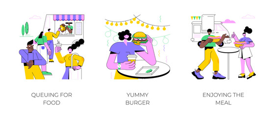 Food festival isolated cartoon vector illustrations set. Diverse people queuing up for meal near truck, fast street food, girl eating out tasty burger, enjoying the meal out together vector cartoon.