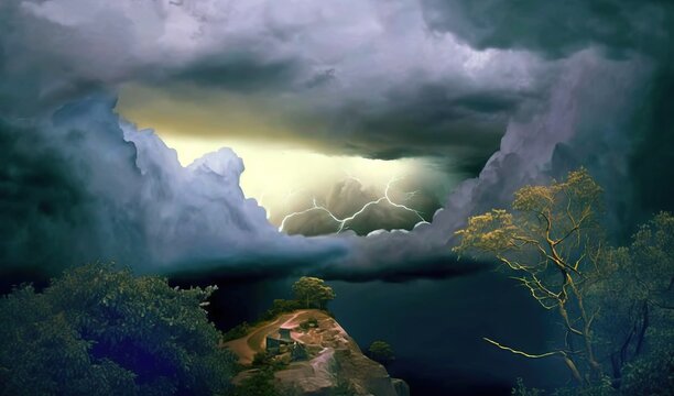  a painting of a storm coming in over a river and trees.  generative ai