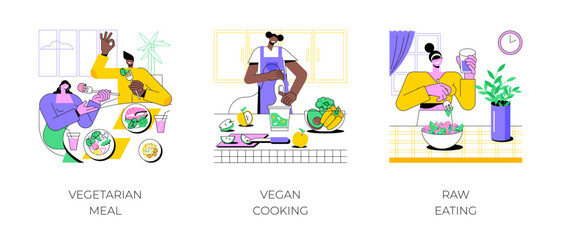 Nutrition plan isolated cartoon vector illustrations set. People sharing vegetarian food, sporty girl cooking vegan dish in the kitchen, smiling woman eating raw vegetable salad vector cartoon. - obrazy, fototapety, plakaty