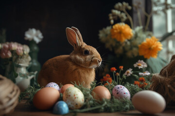 Fototapeta na wymiar Easter holiday. colorful eggs and easter bunnies. Generative AI