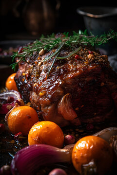 Whole roasted pork neck, stewed in wine with vegetables. (generative ai)