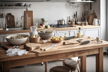 Naklejka na ściany i meble Modern kitchen with a wooden table. Generative AI