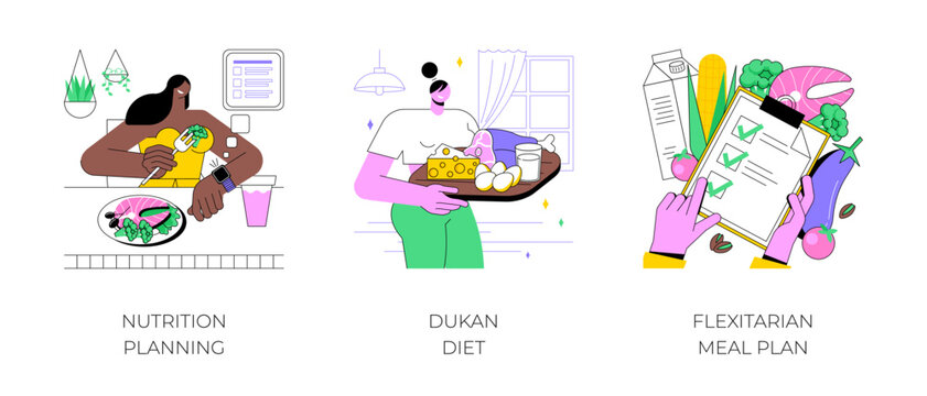 Nutrition planning isolated cartoon vector illustrations set. Intermittent fasting, woman eating and looking at watch, Dukan diet, protein-rich meal, flexitarian plan, food variety vector cartoon.
