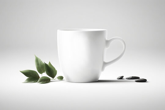 Cup mockup image with green leaves around. Generative AI.