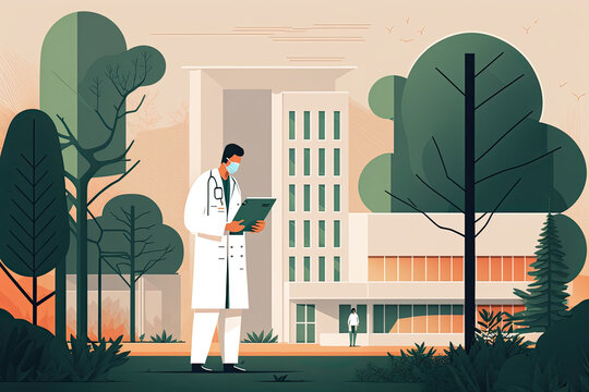 Doctor holding clipboard in front of hospital building, medical concept, digital art, World Health Day