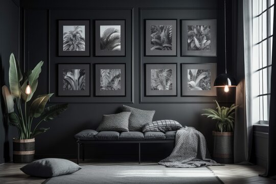 Monochromatic black and dark gray color gallery wall with a meditation bed and plants, five frames on the wall, and flat color interior space for poster showcase. Generative AI