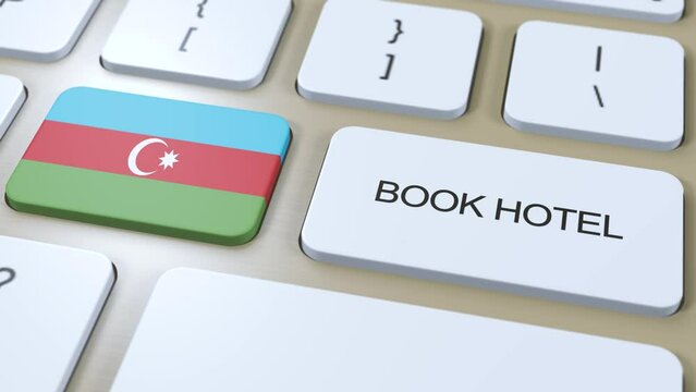 Book hotel in Azerbaijan with website online. Button on computer keyboard. Travel concept 3D animation. Book hotel text and Azerbaijan national flag