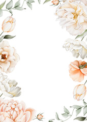 Watercolor hand painted floral frame with flowers, green leaves. Illustrations, isolated on white background for wedding invitations, greeting design