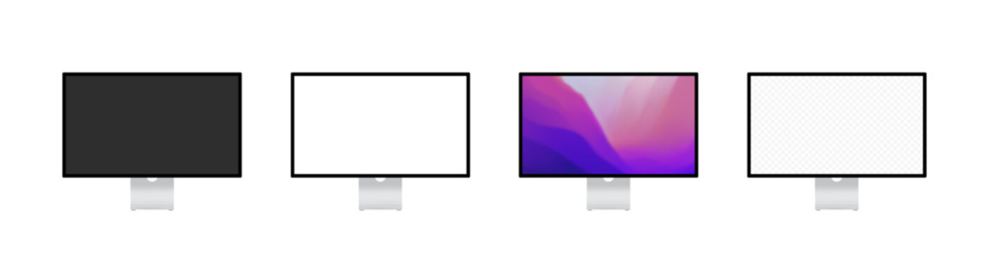 Set of iMac monitors for computer, isolated on white background. four screen variations. Vector. editorial illustration. Rivne, Ukraine - March 21, 2023