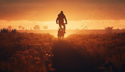 Fototapeta premium a man ride a bicycle at sunset with sunbeam over silhouette trees background