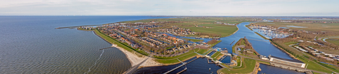 Fototapeta na wymiar Aerial panorama from the city Stavoren in the Netherlands