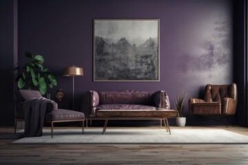 In the interior of a living room with a brown leather sofa and armchair, carpet, floor lamp, and coffee table on hardwood flooring, there is a blank horizontal poster on a violet concrete wall