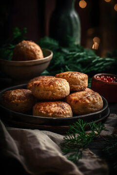Small, baked patties in Christmas retro styling. (generative ai)