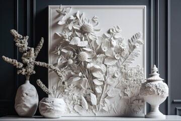Beautiful wall art for the living room includes a botanical bas relief leaf and wildflowers in a vase. plaster ornaments Interior of a contemporary, luxurious room. Generative AI