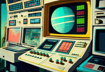 Watercolor Illustration of a Futuristic Retro 80S Stock Market Computer System Display Interior Background. Generative AI