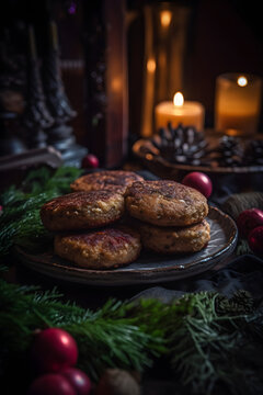 Small, baked patties in Christmas retro styling. (generative ai)
