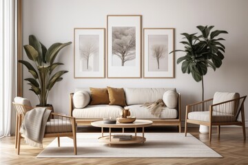 Interior design of a contemporary living room with two faux poster frames, a sophisticated sofa, a plant, a pillow, and many personal items in chic home staging. honey colored design. Generative AI