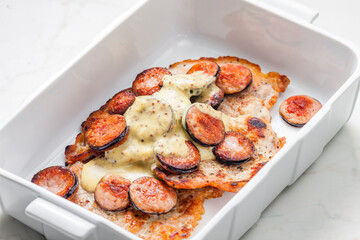 pork fillet with sausage and mustard sauce