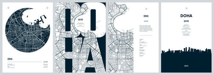 Set of travel posters with Doha, detailed urban street plan city map, Silhouette city skyline, vector artwork