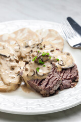 beef meat with mushroom sauce and dumplings