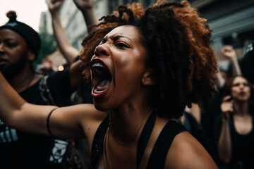 Generative ai women protesting screaming.