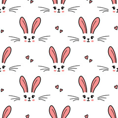 Cute bunny seamless pattern. Hand drawn doodle rabbit face and hearts vector wallpaper. Happy Easter banner background..