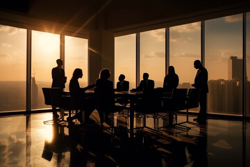 Fototapeta na wymiar Generative ai business meeting in modern building with big windows in backlight at sunset