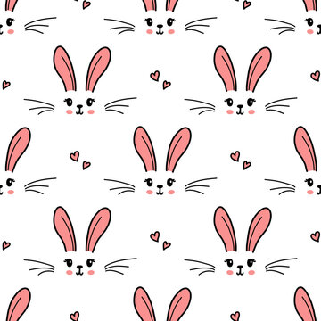Cute bunny seamless pattern. Hand drawn doodle rabbit face and hearts vector wallpaper. Happy Easter banner background..