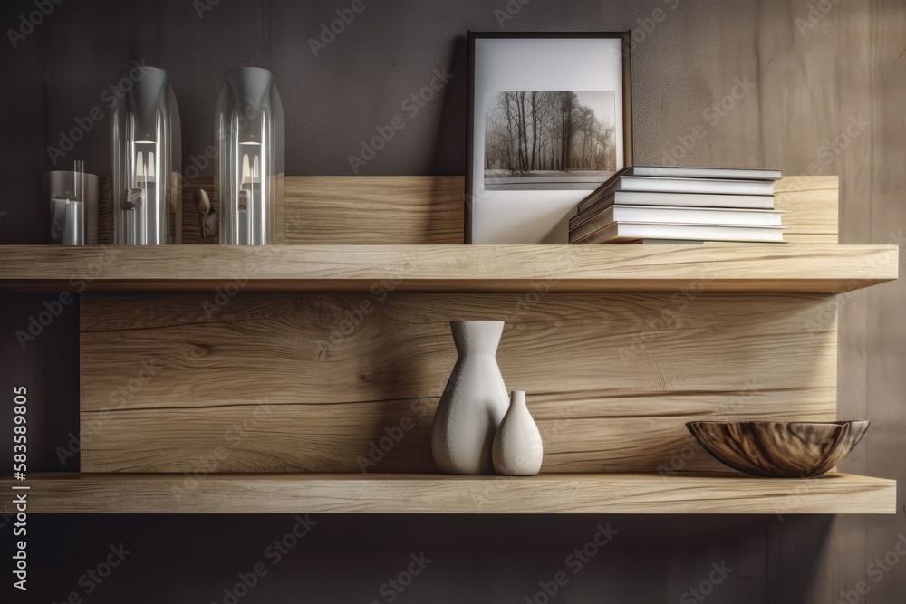 Poster mock up of a shelf with a wood grain. generative ai