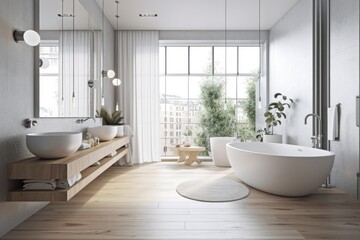 Naklejka na ściany i meble Interior of a white loft bathroom with a hardwood floor, white tub, shower, and two sinks with mirrors above them. Generative AI