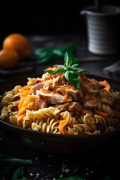 Pasta with chicken in oyster sauce. (generative ai)