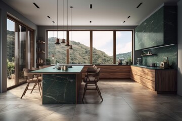 With wide windows, a concrete floor, and green counters with integrated appliances, this contemporary kitchen corner also has marble walls. chair and table made of wood. a mimic wall. Generative AI