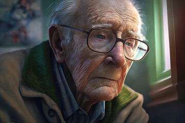 Portrait of an elderly lonely and confused senior man in nursing home. Concept of dementia and lost memory. Generation AI. - obrazy, fototapety, plakaty