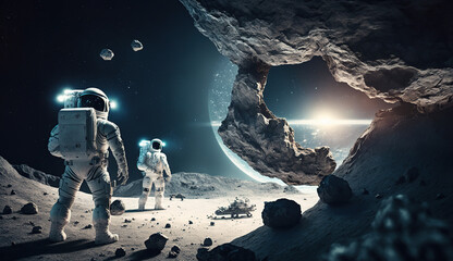 Obraz na płótnie Canvas Astronauts with spaceship exploring an asteroid in space 3D rendering, Generative Ai