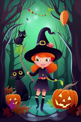 Halloween cartoon witch with pumpkins and black cats
