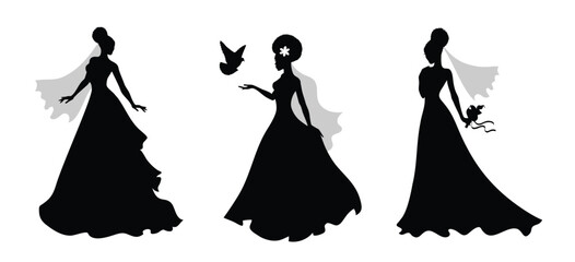 Set of vector silhouettes of an afro bride.