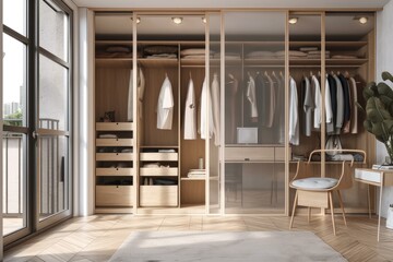 Realistic close up of a walk in closet with a contemporary folding glass door. Clothes, dress, copy space, morning sunlight, hanging, wooden, storage, background, open, and a neatly kept closet