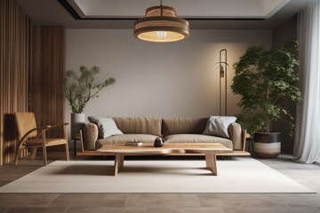 Interior living area with cozy sofa and wooden coffee table. Generative AI
