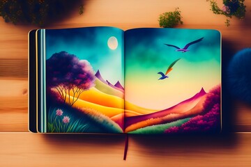Rendering of The Adventure Within: A Colorful Book of Exotic Birds and Lush Landscapes. Generative AI. 
