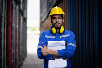 Foreman control or check inventory details of containers box, worker checking quantity of product...