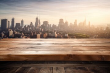 wooden tabletop against a hazy metropolitan backdrop. Generative AI