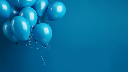 Blue helium balloons on blue background with copy space. Room decoration for a birthday party, concept of happiness and celebration. Bunch of big blue balloons for wedding, anniversary. AI generated