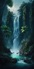 Majestic Waterfall Lush Rainforest Paradise Mobile Wallpaper. Generative AI