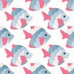 Cute coral reef fish seamless fabric print illustration. Ocean animals pattern. Children