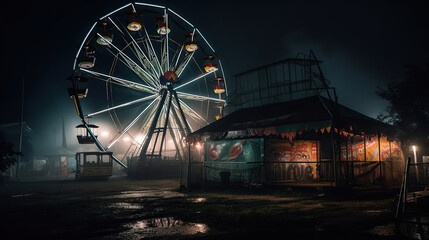 abandoned carnival with a ferris wheel on a cloudy night. Generative Ai - obrazy, fototapety, plakaty
