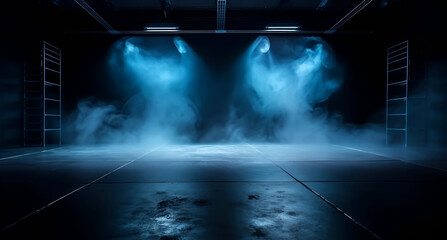 The dark stage shows with smoke, blue background, neon light, and spotlights, The asphalt floor and studio room with smoke float up the interior texture for display products