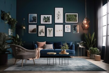 With furnishings and plants in a contemporary flat in a dark blue color, the room has a gallery wall template with 8 frames for a poster presentation. Generative AI