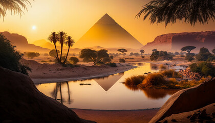 Ancient Egypt with Great pyramid in the river Nile valley. Desert landscape at sunset. Generative Ai - obrazy, fototapety, plakaty