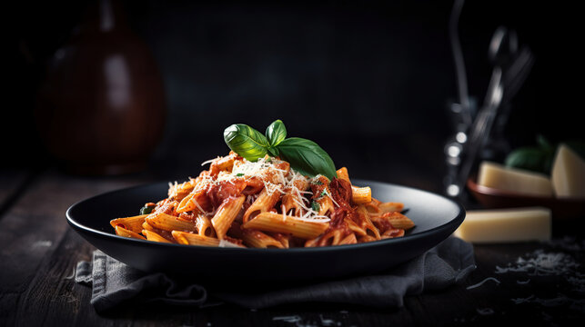 Penne pasta with tomato sauce, parmesan cheese and basil on dark background. Generative Ai